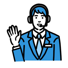 片手を上げて笑顔で挨拶をしているオペレーターの若い男性
