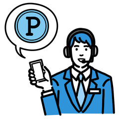 スマホを持ってポイントの説明をしているオペレーターの若い男性
