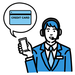 スマホを持ってクレジットカードの説明をしているオペレーターの若い男性
