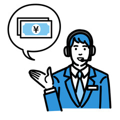 笑顔でお金の説明をしているオペレーターの若い男性
