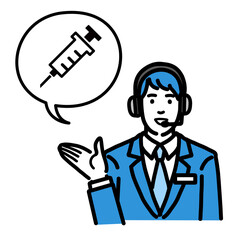 予防接種、ワクチンの説明をしているオペレーターの若い男性
