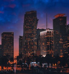 city skyline at night downtown miami buildings urban skyscrapers florida colors sky 