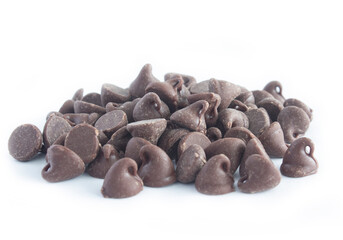 Pile of Dark Chocolate Chips in Heap on White Background
