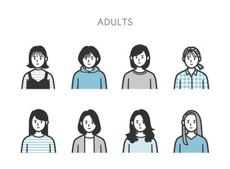 大人の女性の上半身アイコンイラストセット