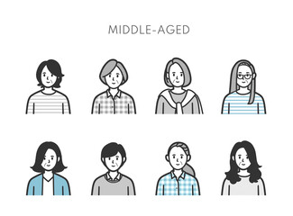 中年女性の上半身アイコンイラストセット