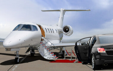 Private jet and black car waiting on landing strip in airport - obrazy, fototapety, plakaty