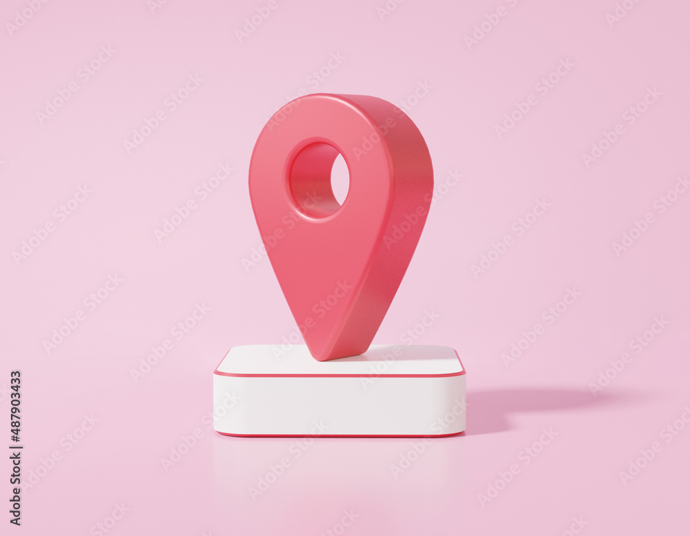 Poster 3d render red pin pointer icon on pink background, map location, gps, travel navigation concept. web