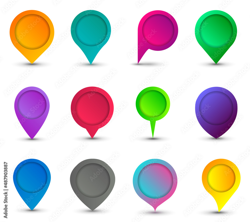 Poster map marker, map pin icons. pointers in different colors. vector