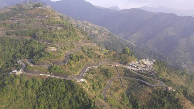 Aerial view of the Banepa Bardibas, BP Highway from aerial view in Nepal as it winds up and down the mountains.