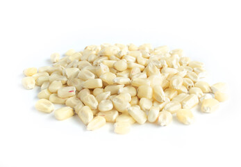 White Whole Corn Kernels in Heap of Dry Organic Grains or Seeds, Isolated on White