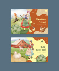 Facebook template with European folk farm life concept,watercolor style