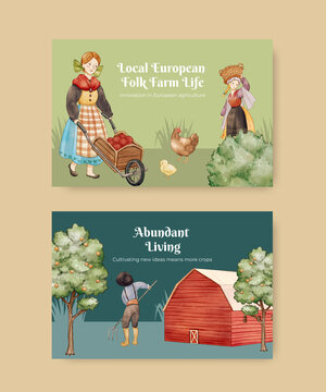 Facebook template with European folk farm life concept,watercolor style