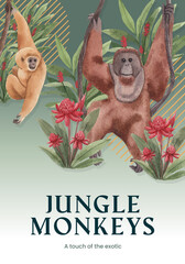 Obraz premium Poster template with monkey in the jungle concept,watercolor style