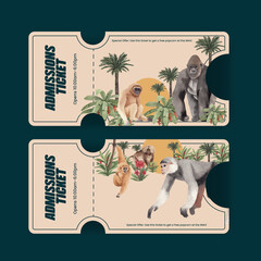 Ticket template with monkey in the jungle concept,watercolor style