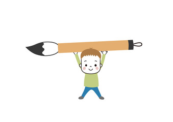 毛筆の筆を頭上に掲げている男の子