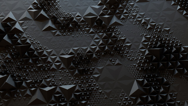 Dark Modern Surface with Triangular Pyramids. Black, Three-Dimensional 3d Wallpaper.