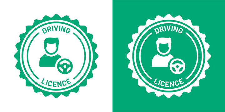Driving licence seal stamp icon. Man with steering wheel icon symbol.