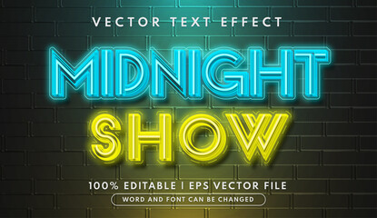 Midnight show neon style editable text effect - obrazy, fototapety, plakaty