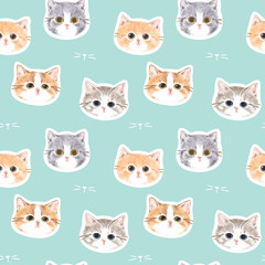 Seamless Pattern of Cute Cat Face Illustration Design on Pastel Green Background