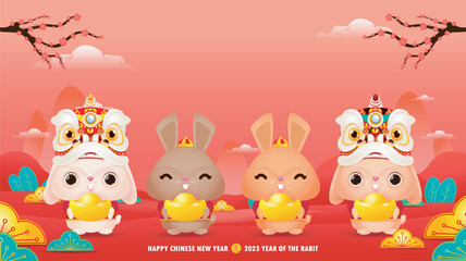 Naklejka premium Four little rabbit holding golden ingots chinese new year 2023 year of the rabbit zodiac, gong xi fa cai Cartoon isolated on white background vector illustration, Translation happy chinese New Year