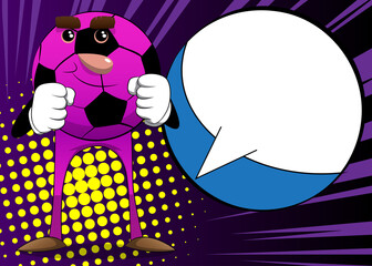 Soccer ball holding his fists in front of him ready to fight. Traditional football ball as a cartoon character with face.