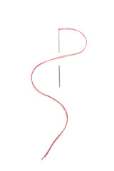 Sewing needle with red thread isolated on white, top view