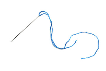 Sewing needle with light blue thread isolated on white, top view