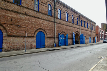 Brick building with blue doors