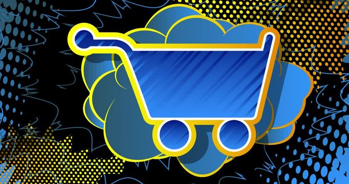 E-commerce icon, Shopping symbol. Sale Motion poster. 4k animated Comic book symbol moving on abstract comics background. Retro pop art style.