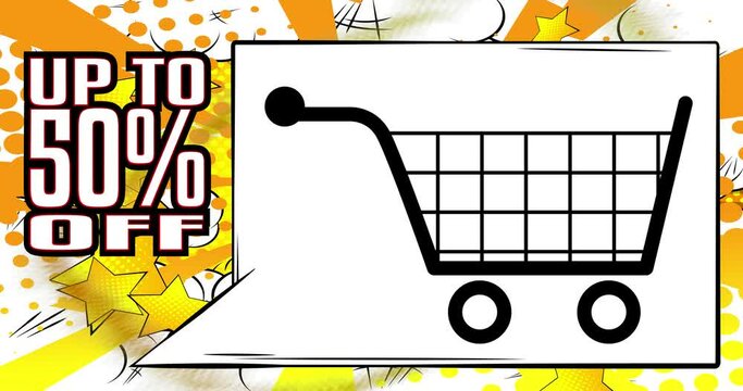 E-commerce icon, Shopping symbol. Sale Motion poster. 4k animated Comic book symbol moving on abstract comics background. Retro pop art style.