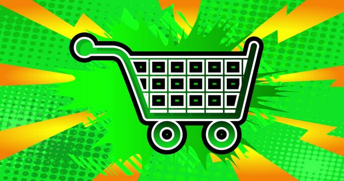 E-commerce icon, Shopping symbol. Sale Motion poster. 4k animated Comic book symbol moving on abstract comics background. Retro pop art style.