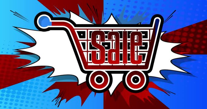 E-commerce icon, Shopping symbol. Sale Motion poster. 4k animated Comic book symbol moving on abstract comics background. Retro pop art style.