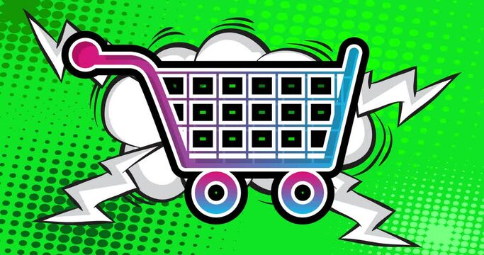 E-commerce icon, Shopping symbol. Sale Motion poster. 4k animated Comic book symbol moving on abstract comics background. Retro pop art style.