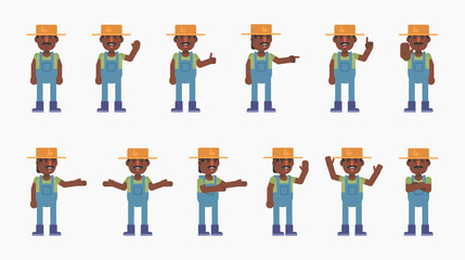 Set of farmer characters showing various hand gestures. Cheerful farmer showing thumb up, greeting, victory sign and other gestures. Modern vector illustration