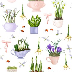 Floral pattern. Spring flowers, primroses. Hyacinth, tulip, narcissus, snowdrop, irises. Seamless retro style