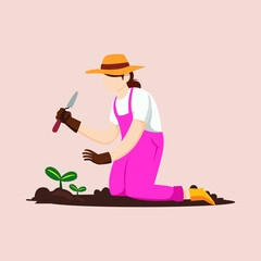 Young girl with hat and fashionable caring plant in the garden. Vector colorful illustration.