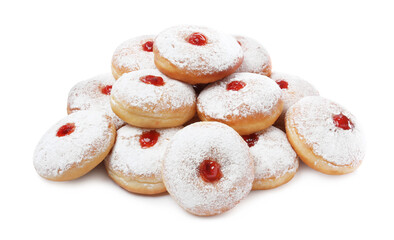 Delicious donuts with jelly and powdered sugar on white background