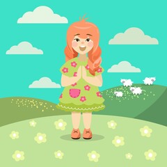 vector flat illustration of a cartoon girl on the field, landscape