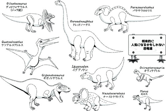 将来的に人気が出る可能性のある恐竜のイラストセット。白黒バージョン。
