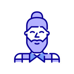 Good looking young hipster man with a bun and a beard wearing a shirt. Pixel perfect, editable stroke color icon