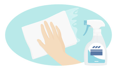 Vector illustration of hand wiping with cloth and cleaning spray bottle.
