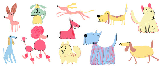Set of cute dogs vector. Lovely dog and friendly puppy doodle pattern in different poses and breeds with flat color. Colorful funny pet and many characters hand drawn collection on white background. - obrazy, fototapety, plakaty