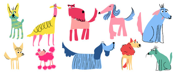 Set of cute dogs vector. Lovely dog and friendly puppy doodle pattern in different poses and breeds with flat color. Colorful funny pet and many characters hand drawn collection on white background.