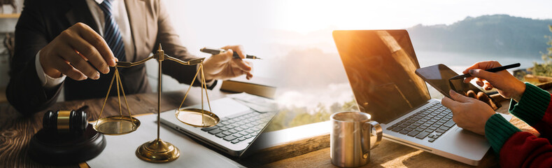 Law theme, mallet of the judge, law enforcement officers, evidence-based cases and documents taken...