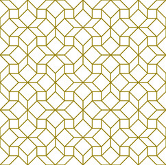 Contemporary abstract seamless geometric 3d effect line art tessellated pattern of cubes and diamond shapes in gold outline colour against a white background, vector illustration