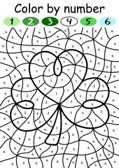 Shamrock color by number game for children vector illustration. Funny educational coloring page with numbers for kids. Patrick's day shamrock Irish symbol color by number puzzle vector
