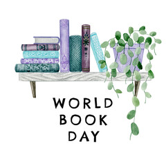 World book day. Cute book shelf teplate design for postcard, print. Hand drawn watercolor books illustartion © Катерина Тышковская