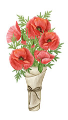 Poppy flower boquete illustration isolated on white background. Watercolor hand drawn wild flowers  composition.