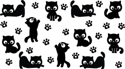 Doodle Cute Black Cat hand drawn Design for t-shirt, greeting card or poster design Background Vector Illustration.