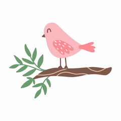 Cute pink bird on a branch. Spring bird on the tree. Vector hand drawn illustration.